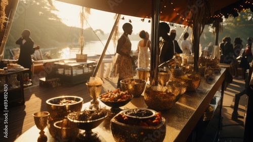 Restaurant on the ship with sea view. A serving table on a pleasure boat with glasses of champagne and fruit , in the background passengers strolling along the deck . A cruise ship in the Congo .