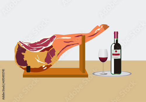 Pata de jamón ibérico o serrano sobre un jamonero y una botella de vino tinto con una copa. Alimentos y bebidas. Lux. Piscolabis. Gastronomía
