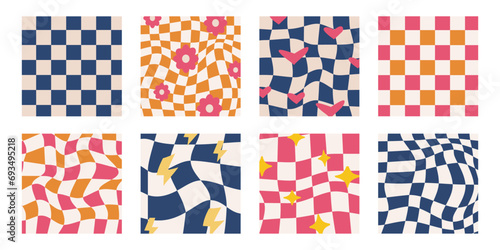 Groovy wave psychedelic checkerboard background set. Funky, psychedelic, floral, hippie chessboard pattern set