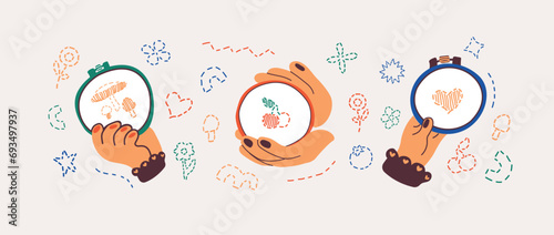 Vector set of doodle elements on the theme of embroidery. Three cartoon hands hold a hoop with embroidery. Elements for the design of advertising brochures, postcards. Scandinavian illustration style.