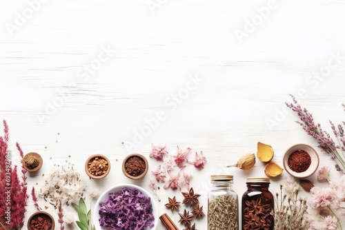 Apothecary of natural wellness and self-care. Herbs and medicine on white background top view frame copy space photography
