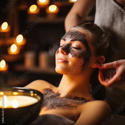 Woman receives exfoliation treatment in a luxury spa salon, surrounded by the warmth of ambient candlelight. ai generative
