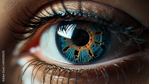 AR/VR augmented reality virtual reality becoming part of life concept. closeup of eye. futuristic contact lenses in eye for technology experience
