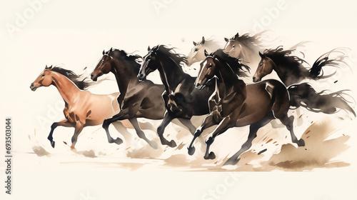 Ink painting illustration of galloping horses