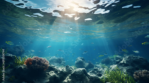 A split underwater view with a bright sky and a calm sea. underwater scene with fish and coral reefs in the sea