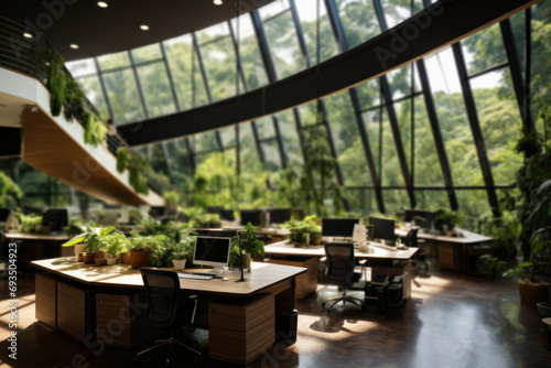A green office with plants and natural light, emphasizing the importance of biophilic design for employee well-being and productivity. Concept of eco-friendly workplaces. Generative Ai.