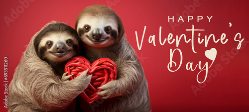 Funny animal Valentines Day, love, wedding celebration concept greeting card - Cute sloth couple holding a red heart , isolated on red background
