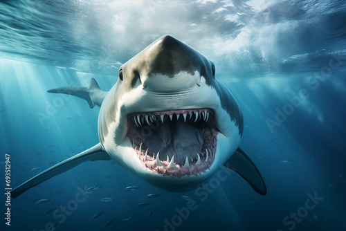 shark white oceanic underwater with open mouth with teeth front view, attacker