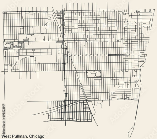 Detailed hand drawn navigational urban street roads map of the WEST PULLMAN COMMUNITY AREA of the American city of CHICAGO, ILLINOIS with vivid road lines and name tag on solid background