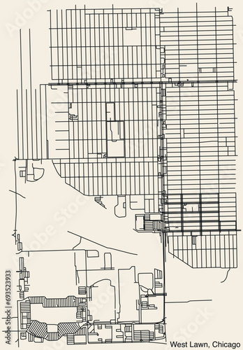 Detailed hand drawn navigational urban street roads map of the WEST LAWN COMMUNITY AREA of the American city of CHICAGO, ILLINOIS with vivid road lines and name tag on solid background