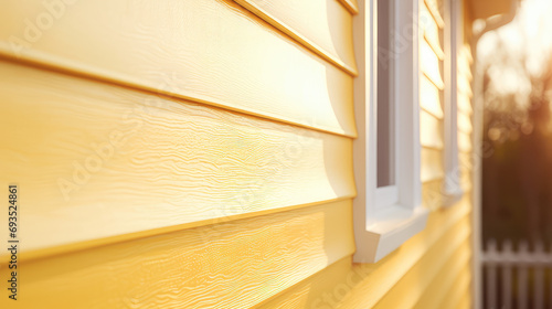 Close-up yellow texture vinyl siding for exterior roof or house wall. Exterior cottage trim with water repellent panel siding. Goods for repair, construction store.