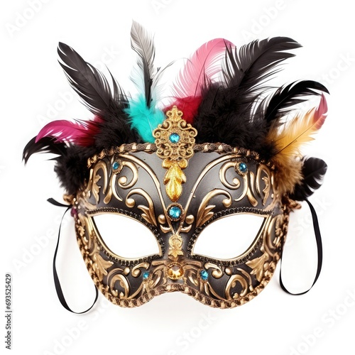 Elaborate feathered masquerade mask, hinting at mystery and allure, isolated on white background.