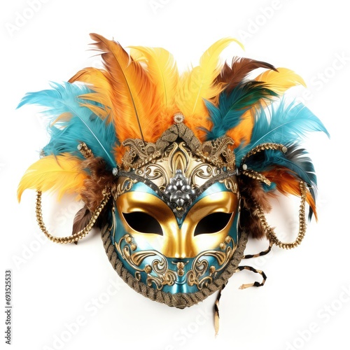 Elaborate feathered masquerade mask, hinting at mystery and allure, isolated on white background. 