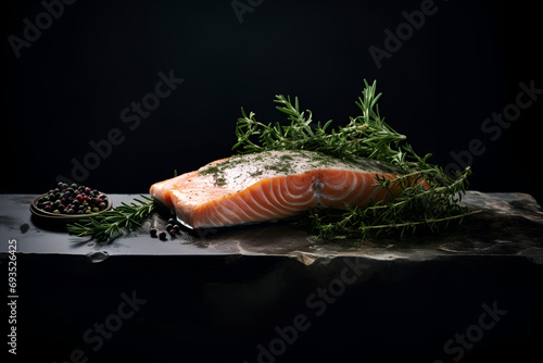 Fresh delicate salmon, adorned with sprigs of thyme, presented on a minimalist stand with black background