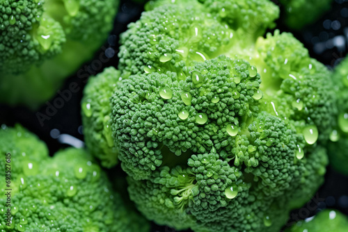 Top view on broccoli background of healthy vegetables, natural background of fresh broccoli representing, with water drops. 