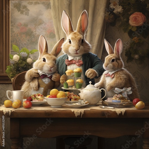 Coniglietti che mangiano a tavola. Foto irreale creata con fantasia