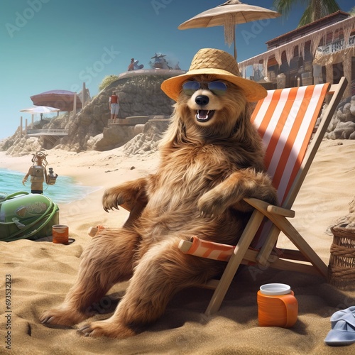 Orso con occhiali da sole prende il sole sdraiato sulla sdraio in spiaggia. Foto irreale, di fantasia.
