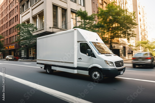 real photo of a white cargo van with a white blank empty trailer for ad on a New York street. driving in motion.. --ar 3:2 --style raw --v 5.2 Job ID: 0689f7aa-b9d7-47f5-b3cd-bf2cb4b8f51a