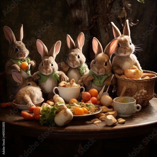 Coniglietti che mangiano a tavola. Foto irreale creata con fantasia