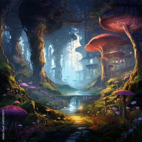 Bosco fantastico e irreale con funghi giganti. Visione magica nella notte.