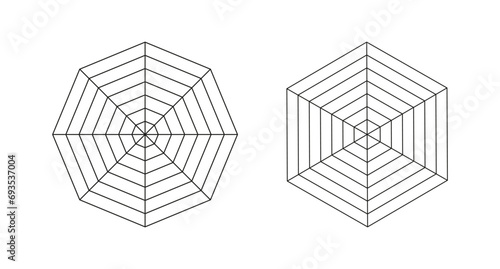 Set of hexagon and octagon simple graphs. Collection of radar or spider diagram templates. Spider mesh. Blank radar charts. Flat web diagrams for statistic, analytics. Vector outlined illustration.