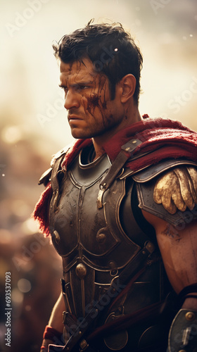 A roman warrior in detailed armor, red cape flowing, stands ready for battle amidst a hazy, with a golden battlefield atmosphere. Epic and heroic character