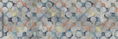 cement wall texture with colorful retro pattern. Wallpaper or ceramic tile design