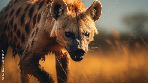 Close-up of a hyena stalking its prey at sunset with the golden hour light in the African savannah. Majestic scavenger of the wild fauna on the move