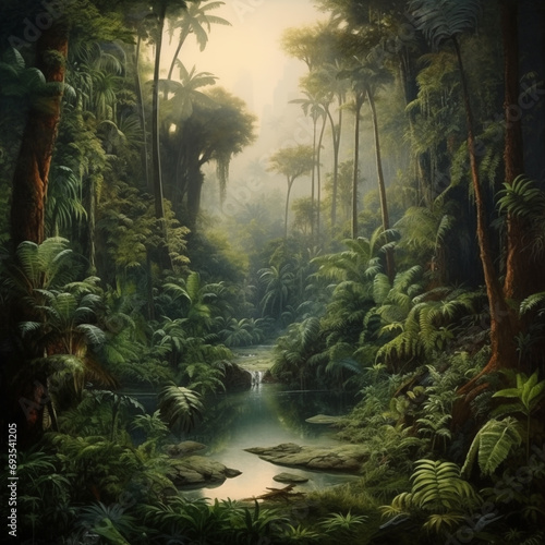 un décor, paysage inspiré de l'acte 3 de la bayadère. pénombre foret tropicale, inde