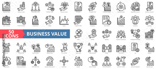 Business value icon collection set. Containing economic,shareholder,employee,customer,monetary,equity,profitability icon. Simple line vector illustration.