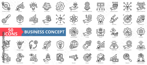Business concept icon collection set. Containing products,revenue,services,distribution,core value,cost,management icon. Simple line vector illustration.