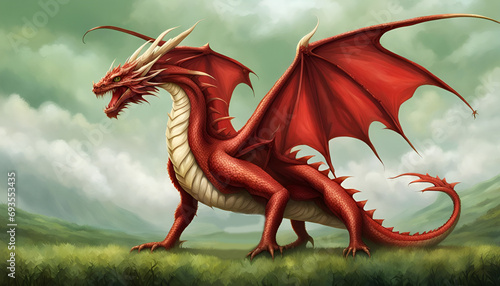 St. David's Day Fierce Red dragon in a field Welsh ~ Created with Generative AI.