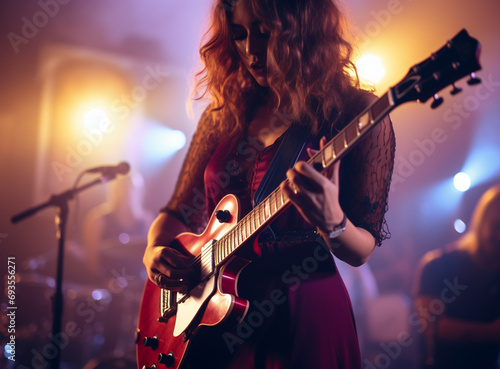 Charming hipster woman with curly hair with red guitar in neon lights. Rock musician is playing electrical guitar. 90s style concept.