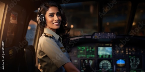 East Indian Woman Airline Pilot Job Profession Handsome Backdrop Generative AI