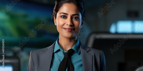 East Indian Woman Airline Pilot Professional Employment Attractive Background Generative AI