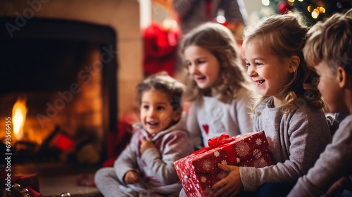 Famiglia felice scarta i regali di Natale in un atmosfera accogliente e serena, i bambini sono felici e i genitori orgogliosi.