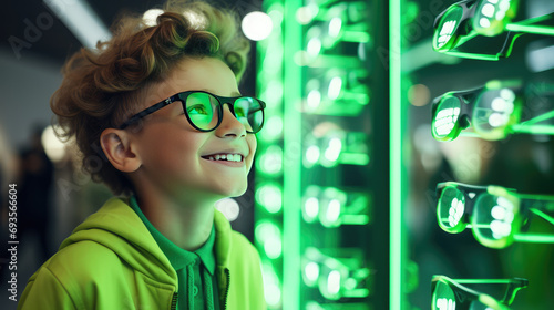 Smiling happy boy wearing glasses stands in an optical store near showcase with glasses. Vision correction, glasses store visually impaired children.