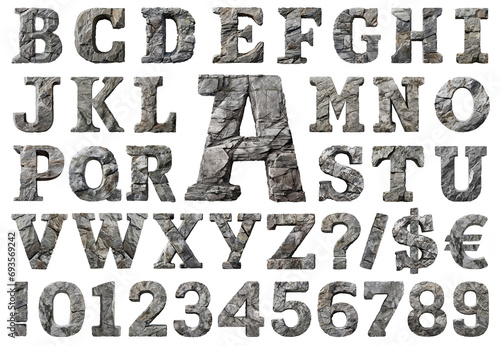 3D letters and numbers roughly carved into granite. Ultra-realistic stone alphabetical font. High quality alphabet isolated on transparent background