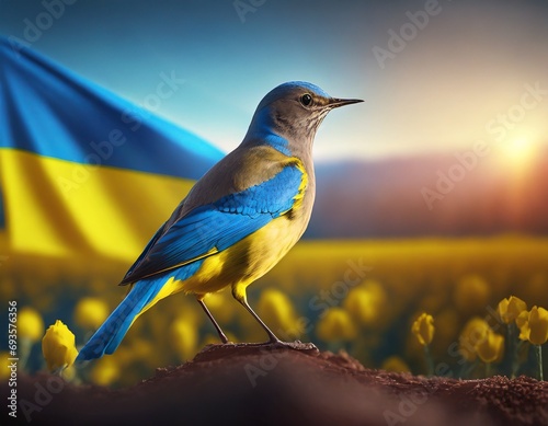 Ukrainian mockingbird, symbol of liberty and perseverance, Ukraine flag in the background