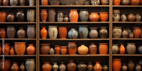 Assorted ceramic pottery on shelves for interior decoration or craft