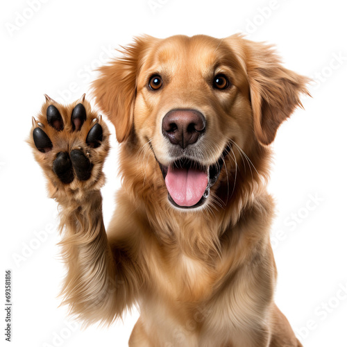 Golden retriever giving high five isolated on white background