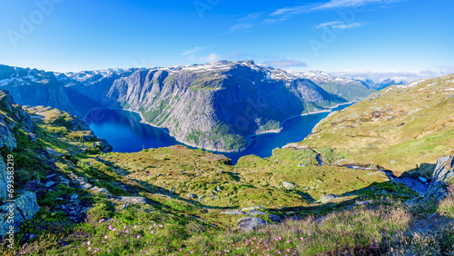A view of the fjord on a summer day in the Hardanger fjord National park, Norway