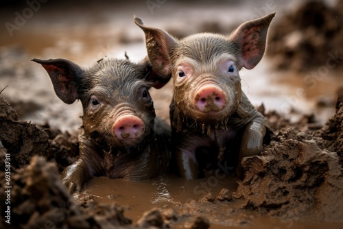 Two piglets playing in the mud