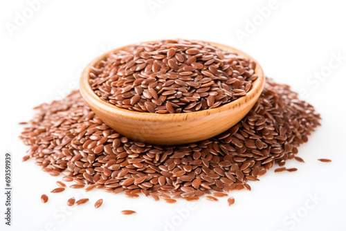 flaxseed in wooden bowl on white background