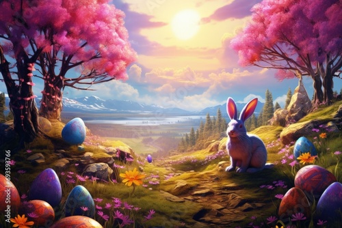 Landscape with easter egg and rabbit, digital illustration. Generative AI
