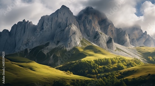 The national park of los picos de europa cordinanes, spain is shown in a vertical frame.