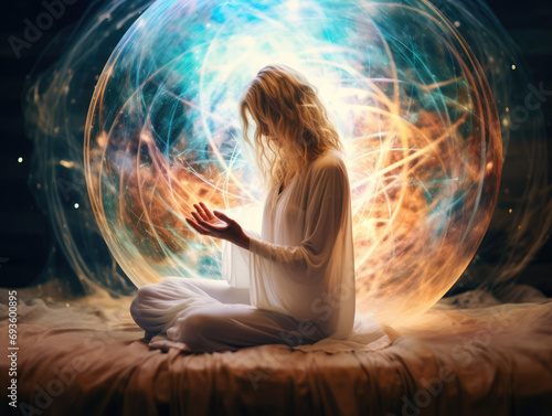 Illustration of a women casting magical sphere from her hands. Mystical illustration of etheral power.