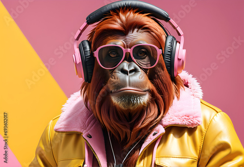 Orangután con gafas de sol sobre fondo rosa y amarillo. Mono peludo con cascos de música y chaqueta de cuero amarillo. Hecho con IA.
