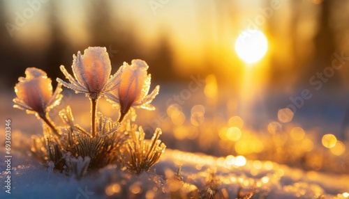 Winter landscape. Frozen flower - selective focus. Winter scene. 