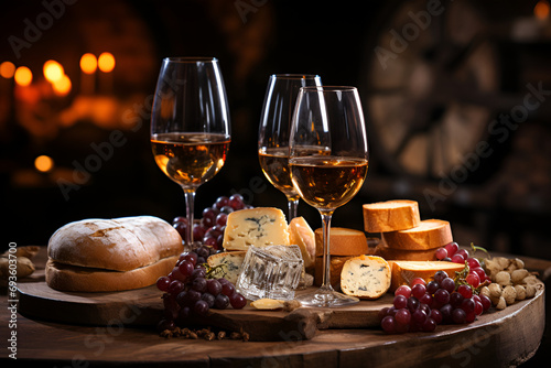 Glass and wine and bread, cheese and grape on the background of barrels in the cellar,